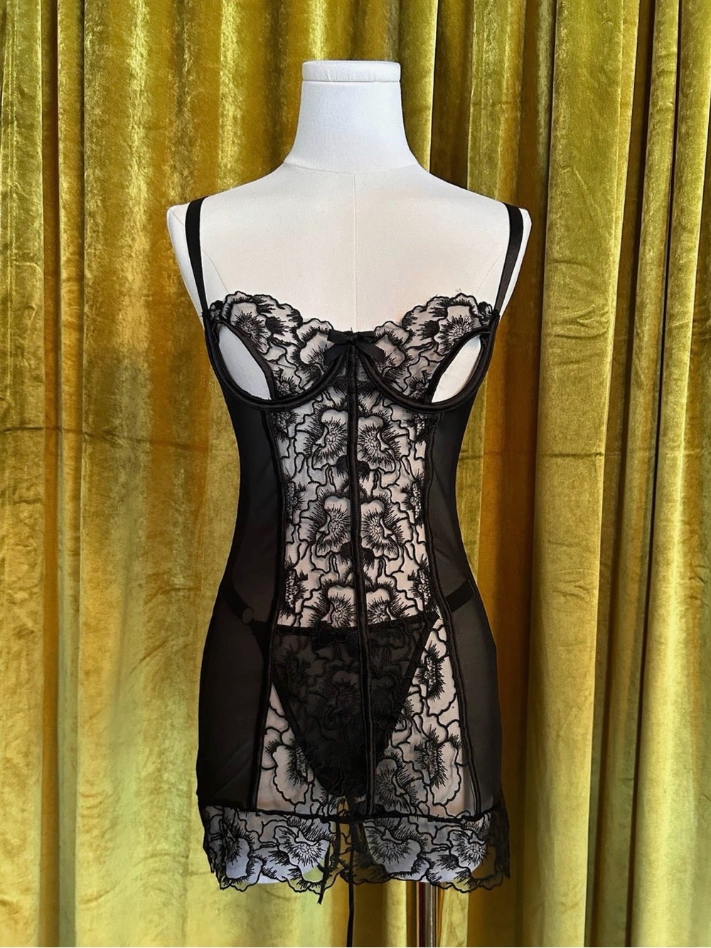Kilo Brava Sheer Black Lace Chemise with Underwire Support and Panties